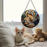 Christian Virgin Mary Baby Jesus Stained Glass Window Hanging, Religious Jesus Suncatcher Indoor Window Glass Round Wall Art Decor, 7.9x7.9 Inch