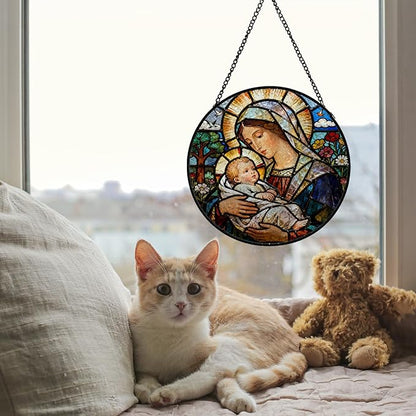 Christian Virgin Mary Baby Jesus Stained Glass Window Hanging, Religious Jesus Suncatcher Indoor Window Glass Round Wall Art Decor, 7.9x7.9 Inch