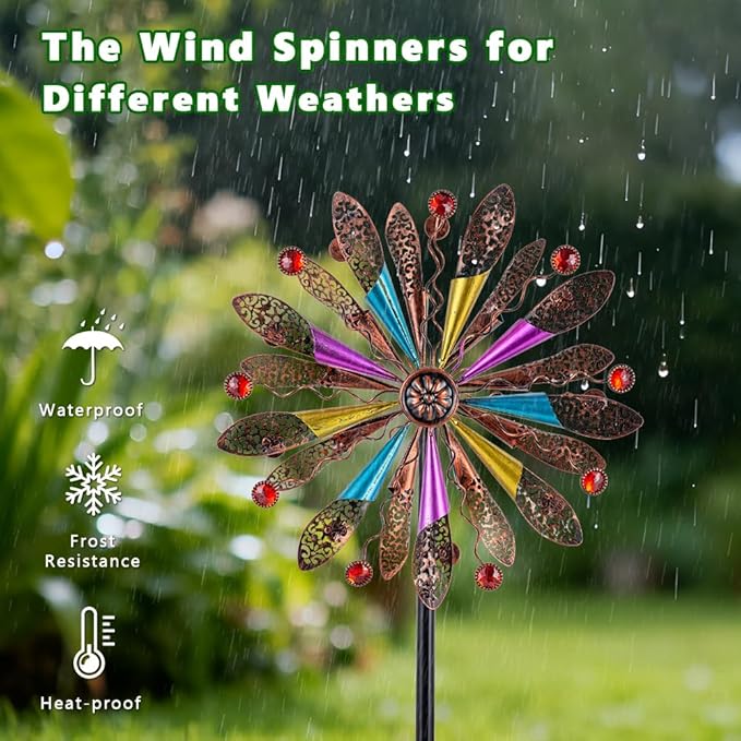 DREAMYSOUL Wind Spinners Outdoor, Copper Metal Kinetic Wind Sculptures with Gemstones, Wind Spinner for Garden Yard Lawn Patio Decor