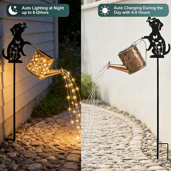 Outdoor Solar Dog Garden Decorative,Solar Watering Can with Light, Featuring Metal Dog Statue Silhouette Stake, Day Gift for Women, for Outside Landscapes,Lawn, Path Decoration