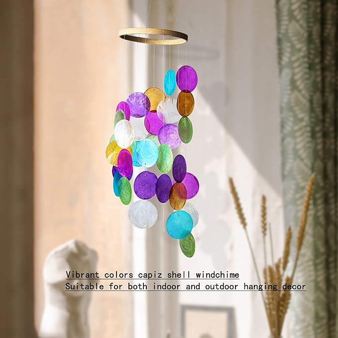 Rainbow Capiz Seashell Wind Chimes Outdoor Indoor Hanging Handmade Painted Colorful Beach Coast Ocean Home Decorative Hanging Mobiles Memorial Sympthy Gift