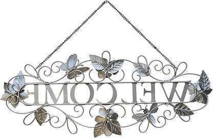 Queltharion Metal Welcome Wall Decor Rustic Farmhouse Distressed Flower and Butterfly Welcome Sign Hanging Decorative for Garden Porch Patio Yard Outdoor 23.5" L Blue