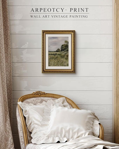 ARPEOTCY Vintage Gold Framed Wall Art, Farmhouse Meadow Landscape Country Paintings, Moody Rustic Canvas Picture Prints Artwork with Frame, Victorian Wall Decor for Living Room Bedroom 11x14 inch