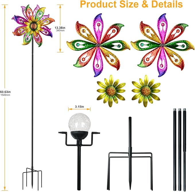 Solar Wind Spinner, 60.6 Inch Outdoor Metal Stake Yard Spinners, Sunflower Garden Outdoor Decor Yard Lawn Art Decor for Patio Kinetic Windmills Unique Gifts for Friends and Family