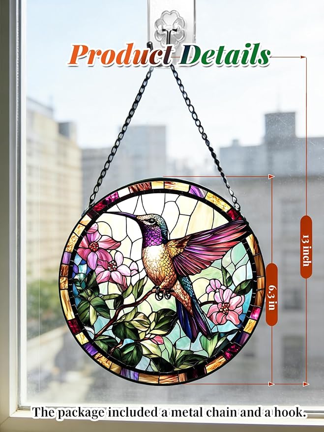 Stained Glass Window Hanging, Hummingbird Suncatcher for Door Home Decor, Birds Flowers Sun Catcher Ornament Mother's Day Birthday Gifts for Bird Lovers Women Men Mom 6.3 in