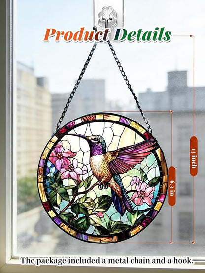 Stained Glass Window Hanging, Hummingbird Suncatcher for Door Home Decor, Birds Flowers Sun Catcher Ornament Mother's Day Birthday Gifts for Bird Lovers Women Men Mom 6.3 in