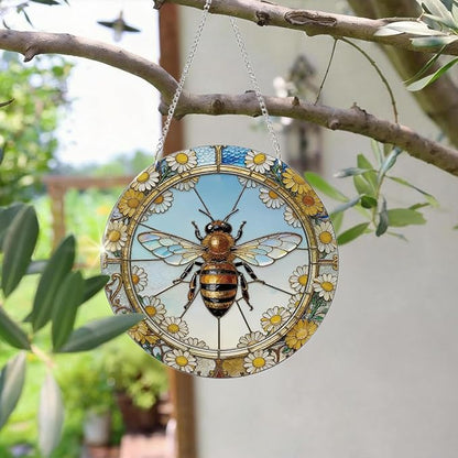 Acrylic Window Hanging, Bee Flowers Yellow Suncatcher Window Doors Home Decoration, Christmas Ornament, Birthday Gifts for Garden Lover
