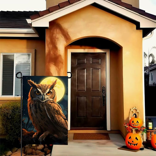 Owl Garden Flags 12x18 Double Sided Fake Owl Decoys to Scare Birds Squirrels Away Polyester Yard Flag Farmhouse Welcome Decoration Banners for Outdoor Yard Lawn Sign Decor