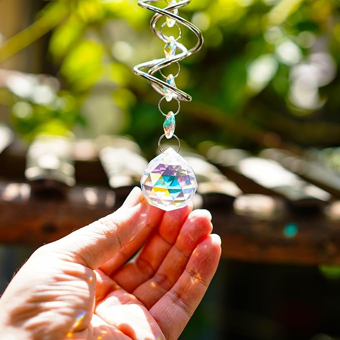 H&D HYALINE & DORA Gazing Ball Spiral Tail with AB Glass Ball Wind Spinner Spiral Hanging Rotating for Indoor Outdoor Decoration 20.5 Inch
