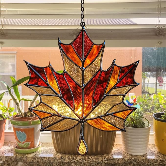 Autumn Maple Leaf Acrylic Suncatcher Stained Glass Effect Window Car Hanging Christmas Ornament Indoor Outdoor Decor Garden Sun Catcher Panel for Maple Leaf Lover for Women Mom Grandma
