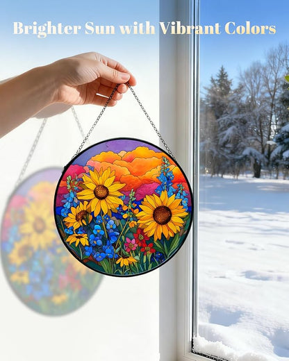 Stained Glass Window Hanging, Sunflower Sun Catchers Glass Panel, Suncatcher Window Decor 8", Birthday for Women Men Mom and Friend Colleague