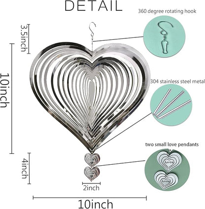 Stainless Steel Heart Wind Spinners, Outdoor Yard & Garden Decorations, Mirror Finish Hanging Metal Spinners for Patio, for Home & Garden Lovers