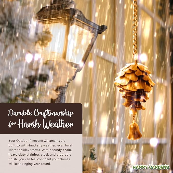 Happy Gardens Pine Cone Ornament with Bells | Bronze Metal Fall Wind Chimes, Pine Cones Decorations | Decorative Hanging Ornaments, and Garden Decor