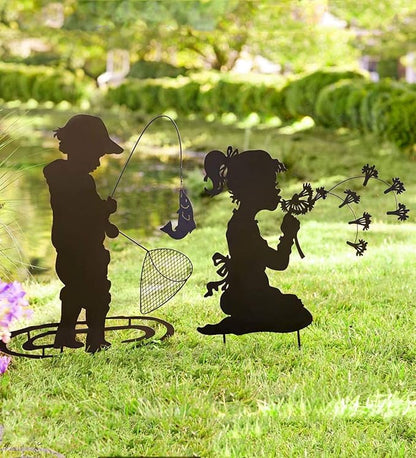Wind & Weather Boy Fishing Silhouette Metal Garden Stake – Handcrafted Black Matte Metal Outdoor Decor – Features a Moving Fish Detail – Built-in Stakes for Easy Placement – 26" L x 0.5" W x 36" H