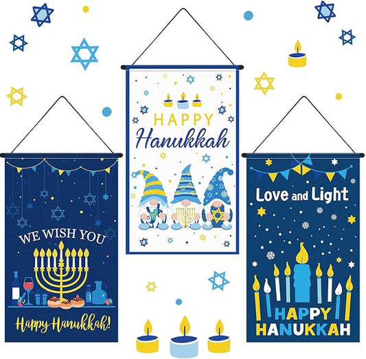 Tegeme 3 Pcs Hanukkah Door Sign Flag Chanukah Blue White Door Hanging Banner Menorah Star of David Menorah Wall Decoration for Hanukkah Party Supplies Outdoor Indoor Decoration