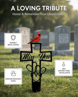 Metal Cemetery Memorial Plaque for Remembrance Cardinal Graveyard Decorations for Humans Red Bird Markers Cross Sign Garden Outdoor Stake Miss You Headstones Easter Sympathy Gifts Tombstones(3pcs)