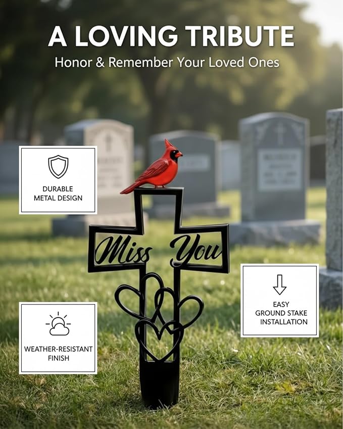 Metal Cemetery Memorial Plaque for Remembrance Cardinal Graveyard Decorations for Humans Red Bird Markers Cross Sign Garden Outdoor Stake Miss You Headstones Easter Sympathy Gifts Tombstones(2pcs)