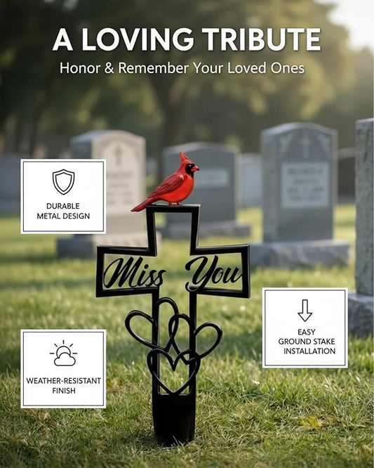 Metal Cemetery Memorial Plaque for Remembrance Cardinal Graveyard Decorations for Humans Red Bird Markers Cross Sign Garden Outdoor Stake Miss You Headstones Easter Sympathy Gifts Tombstones(2pcs)