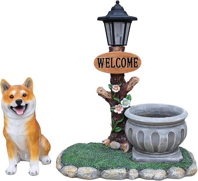 Virubi Sitting Akita Dog Planter Garden Decor with Planter, Loyal Akita Statue Succulent Flower Pot, Weather Resistant Outdoor Ornament for Patio Garden Path Porch Backyard