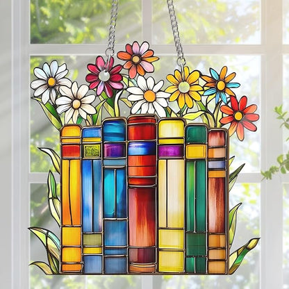 Jesuspirit - Window Hanging Suncatcher – Crystal Clear Acrylic & Wood Sun Catcher for Home Decor, for Women (Flower Book Library Decor, 8 Inches)