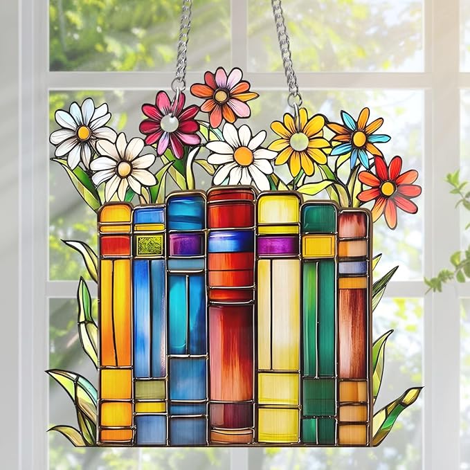 Jesuspirit - Window Hanging Suncatcher – Crystal Clear Acrylic & Wood Sun Catcher for Home Decor, for Women (Flower Book Library Decor, 6 Inches)