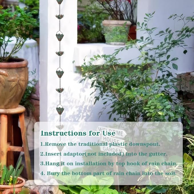 Lotus Rain Chains for Gutters, Rain Chains with 8 Cups, Adjustable Rain Catcher Chain for Outside, Replacement Downspout for Gutters, Eaves, Drainage