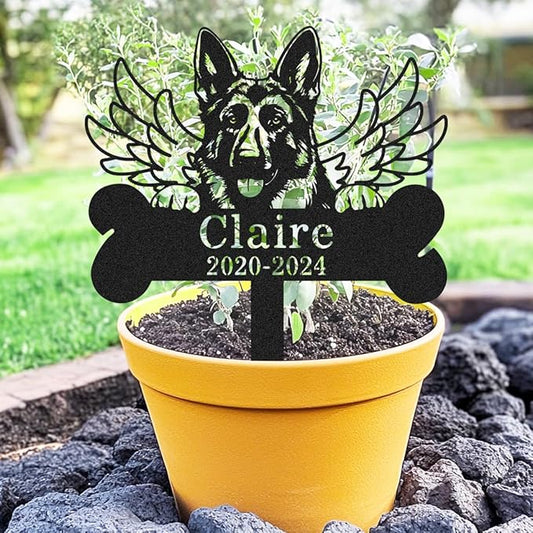 Custom German Shepherd Dog Memorial Sign Lawn Yard Garden Stake, Personalized Metal Pet Loss Dog Grave Marker with Wings, Customized Dogs Memorial Plaque Graves Cemetery Decorations