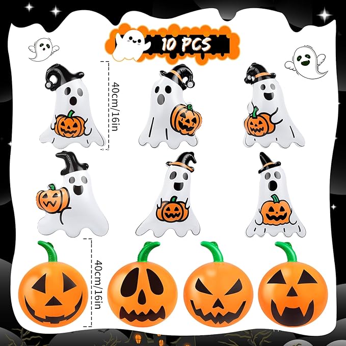 10 Packs 16 Inches Halloween Inflatable Pumpkin&Ghost Outdoor Decorations PVC Inflatable Hanging Pumpkin&Ghost Ornaments Blow Up Pumpkin&Ghost for Halloween Party Yard Garden Outdoor Decoration