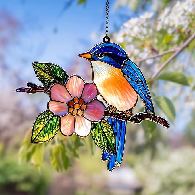 Bird Flower Suncatcher Hanging Sign Window Ornament Nature Lover Garden Gift Unique Home Decor Suncatchers Indoor Window Suncatchers for Windows Outdoor