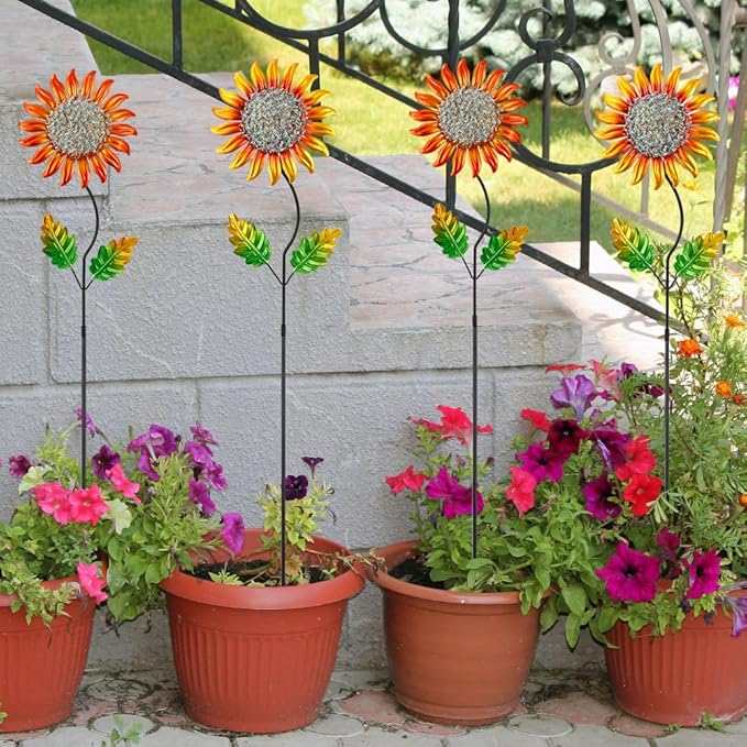 Garden Decor for Outside,Metal Sunflower Garden Stakes Lawn Ornaments Decorative Spring Decor 4 Pcs,Yard Art for Outdoor Lawn Patio Pot Decoration