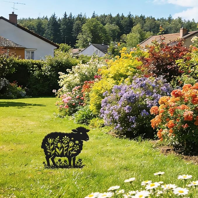 SUPERDANT 1Pc Large Metal Sheep Lawn Ornament Decorative Garden Yard Stakes Sign Black Iron Flower Cutout Animal Silhouette For Outside Farm Pathway Farmhouse Decoration Gift