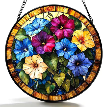 Stained Glass Window Hanging - The Blooming Morning Glory 7.8 Inches Suncatcher for Garden Home Decor for Women Mon Grandma Friends