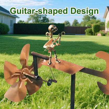 Handmade Metal Guitarist Windmill, Metal Art Musician Figurine Wind Mill, Percussionist and Musician Kinetic Spinners, for Garden, Yard, Lawn, Patio, Unique Art Gift for Music Lovers (Gold)