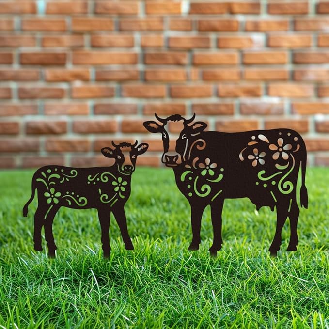 WADORN Cow Metal Outdoor Statues Silhouette, Funny Cow Metal Decorative Garden Stakes Cow Flower Silhouette Ornament Gifts Funny Outdoor Decor for Garden Backyard Patio Lawn Walkways Outdoor