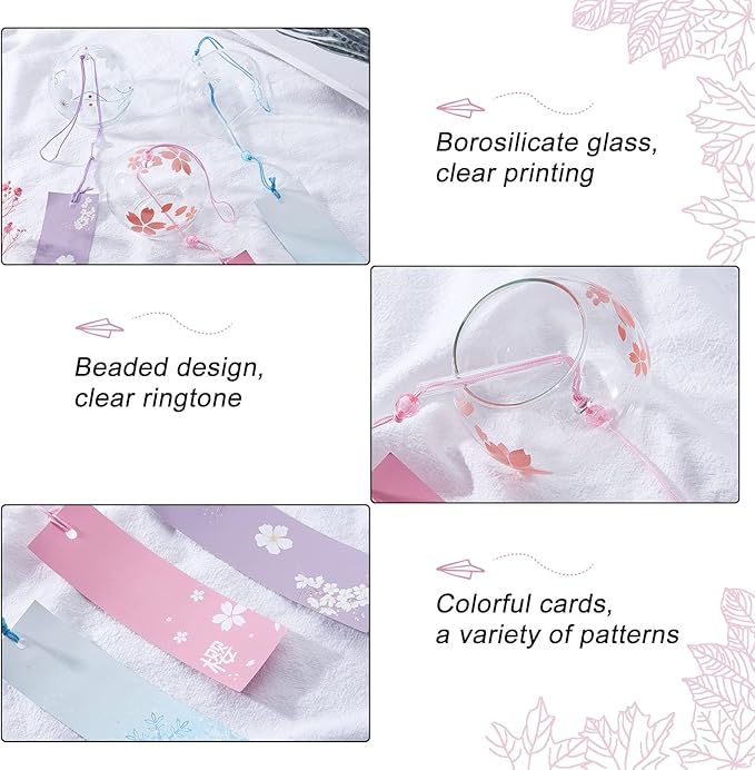 BENECREAT 3PCS Japanese Wind Chimes Pink/Blue/Purple Glass Wind Bells Handmade Pendants for Birthday Gift and Home Decoration