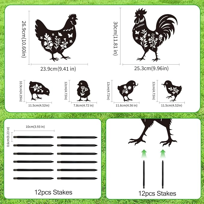 Chicken Garden Stake Outdoor Yard Decor – Set of 6 Metal Chicken Lawn Ornament, Women/Men Rooster Lover Gift, Weather-Resistant Silhouette Statues Yard Art for Patio
