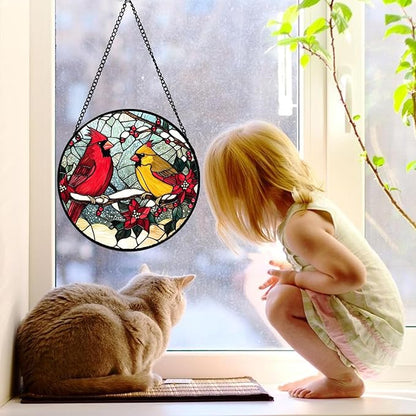 DASTOLL Stained Glass Window Hanging, Love Birds Cardinals Sun Catchers Colorful Glass Panel Birds Suncatcher Decor for Birthday for Women, Men, Wife, Lovers, and Mom 14.9x14.9 in