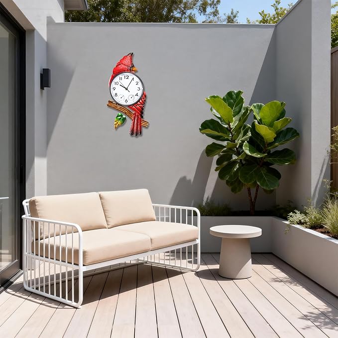 MUMTOP Cardinal Outdoor Clock Waterproof, 15.35 Inch Outside Wall Clock with Thermometer Combo for Patio Pool Garden Home Decor