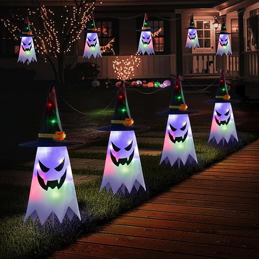 Halloween Ghost Pathway Lights, 4 Pcs Ghosts with Witch Hats Decorations Path Stake Walkway Led String Lights Colorful Waterproof Battery Operated Indoor Outside Yard Hanging Front Porch Outdoor Decor