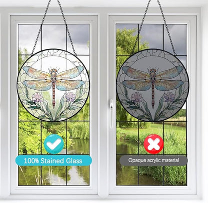 Dragonfly Stained Glass Suncatcher Window Hanging - 8” Dragonfly Flower Suncatchers for Windows Hanging - Handmade Sun Catchers Indoor Wall Decor Glass Panel Ornament Mothers Day for Mom Grandma Gift