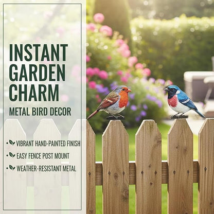 6 PCS Color Painted Metal Bird Sculptures - Vivid 2D Garden Decor for Outdoor Fences, Patio, Yard for Bird Lovers