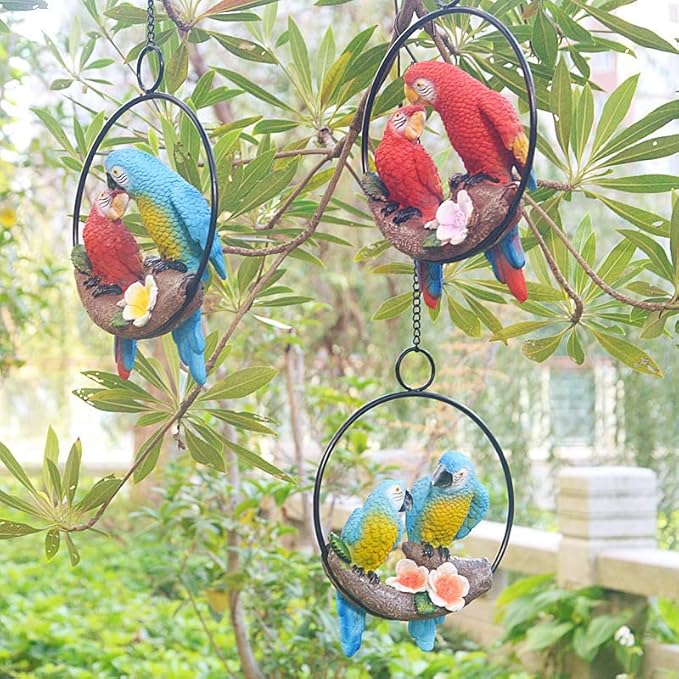 Mini Garden Statues Hanging Iron Ring Parrots, Resin Parrot Hanging Statue, Hanging Birds Figurine for Pathways Yard Patio Office Home Indoor Outdoor Tree Decorations (B-1)
