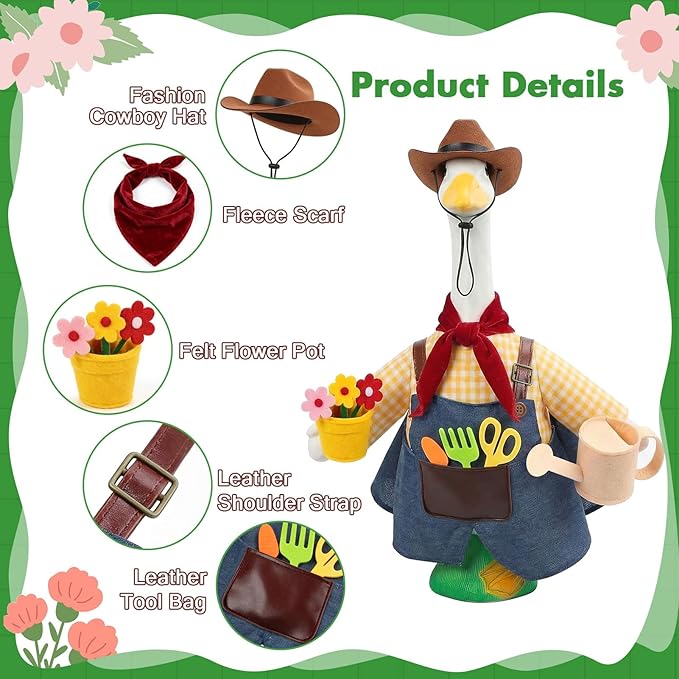 Porch Goose Outfit for 23" Cement & Plastic Goose Statue – Gardener Porch Goose Clothes with Cowboy Hat,Includes Scarf,Tools,Watering Can & Flower Pot, Outdoor Lawn Yard Decor & Front Porch