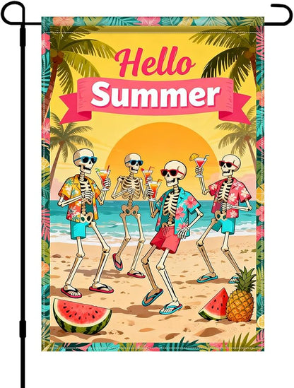 BlissYard Hello Summer Skeleton Garden Flag 12x18 Double Sided Vertical Outdoor Decor Tropical Beach Skull Banner Colorful Vacation Yard Garden Lawn Welcome Display