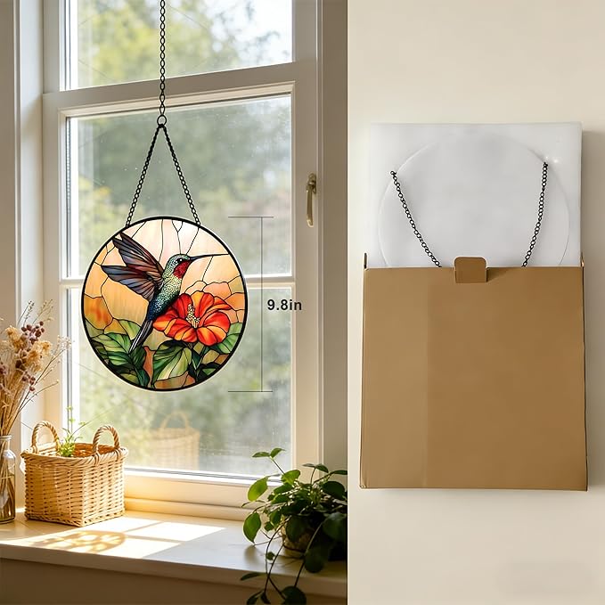 9.8In Hummingbird Stained Glass Window Hanging, Large Stained Glass Suncatcher for Indoor Home Decor, Vibrant Bird & Flower Window Suncatcher Ornament for Garden, Ideal Gift for Women Mom Bird Lovers