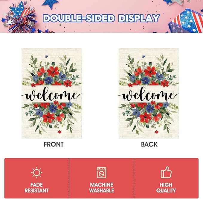 AVOIN colorlife Memorial Day Patriotic 4th of July Garden Flag 12x18 Inch Double Sided Outside, Welcome Floral Yard Outdoor Decoration