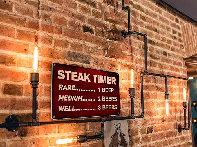 Funny Beer Sign Steak Timer - Metal BBQ Rules Sign, Outdoor Tin Signs for Patio, Kitchen, Pub, Man cave, Tiki Bar Decor 12x8 Inch Aluminum