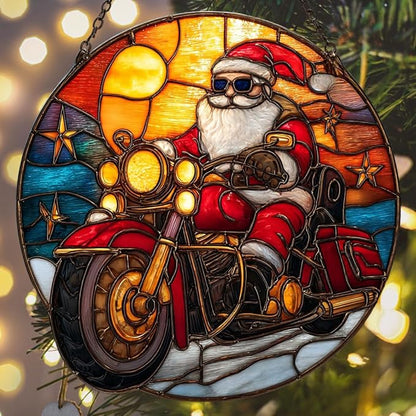 Cool Retro Santa Riding Motorcycle Mosaic Acrylic Suncatcher Stained Glass Effect Window Car Hanging Christmas Ornament Indoor Outdoor Decor Garden Sun Catcher Panel for Women Mom Grandma