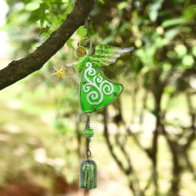 MrMrKura Metal Angel Wind Chime Hanging Decoration Ornament Bells Wing Angel Bell Decorative Hanging Bells, Gifts for Home Garden Decor Crafts (Green)