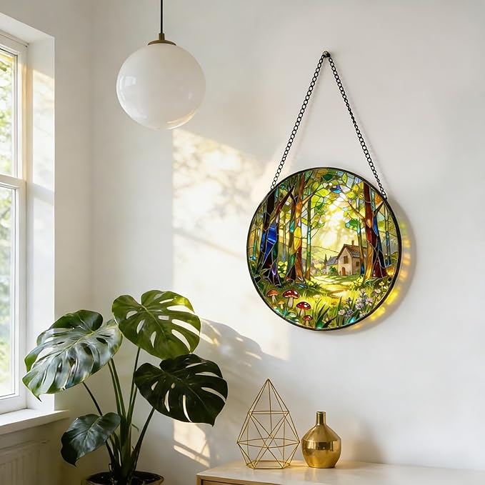 7.8 Inch Stained Glass Window Hanging, Forests and Trees Sun Catchers Glass Panel Green Suncatcher Decor for Birthday for Women, Men, Wife, Aunt, and Mom